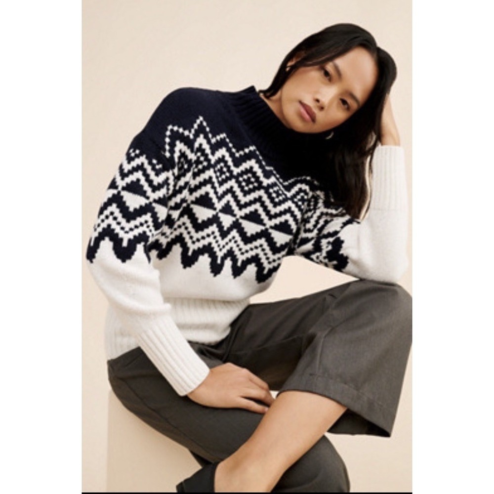 Barbour Gwyn Fair Isle Mock Neck Sweater Navy And White Size 4 Apres Ski Winter
